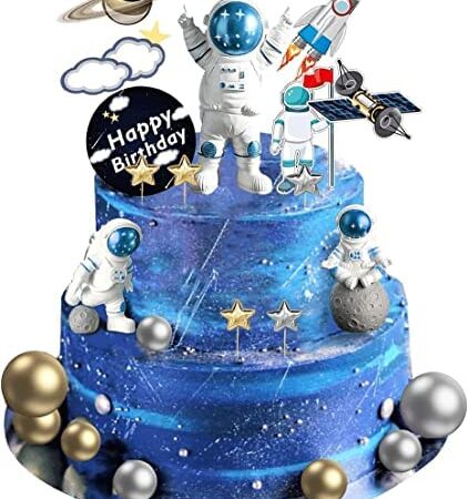 22 Pcs Space Cake Topper,Space Cupcake Toppers Astronaut Figurine Birthday Outer Space Themed Party Decorations Supplies Planet Rocket Pearl Balls and Star DIY Cake Toppers for Kids Party Baby Shower