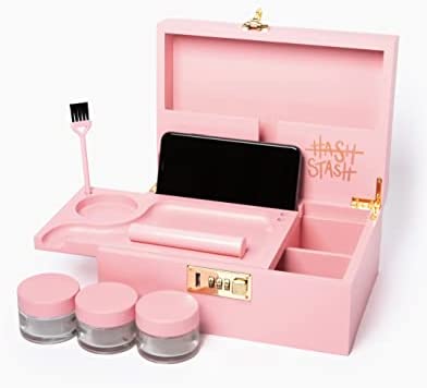 HASHSTASH - Stash Box with Built-In Combo Lock & Accessories - 3 Smell Proof Storage Jars, Rolling Tray, Tube, Brush - Gift Kit Set - Herb Accessories Organizer- Pink