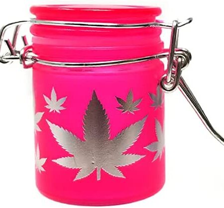 Airtight Glass Herb Mini Storage Jar with Clamping Lid in Choice of Design (Frosted Neon Pink/Silver Leaves)